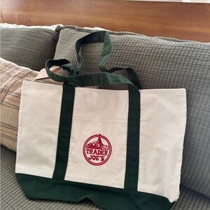 Trader Joe's Green and Cream Tote Bag